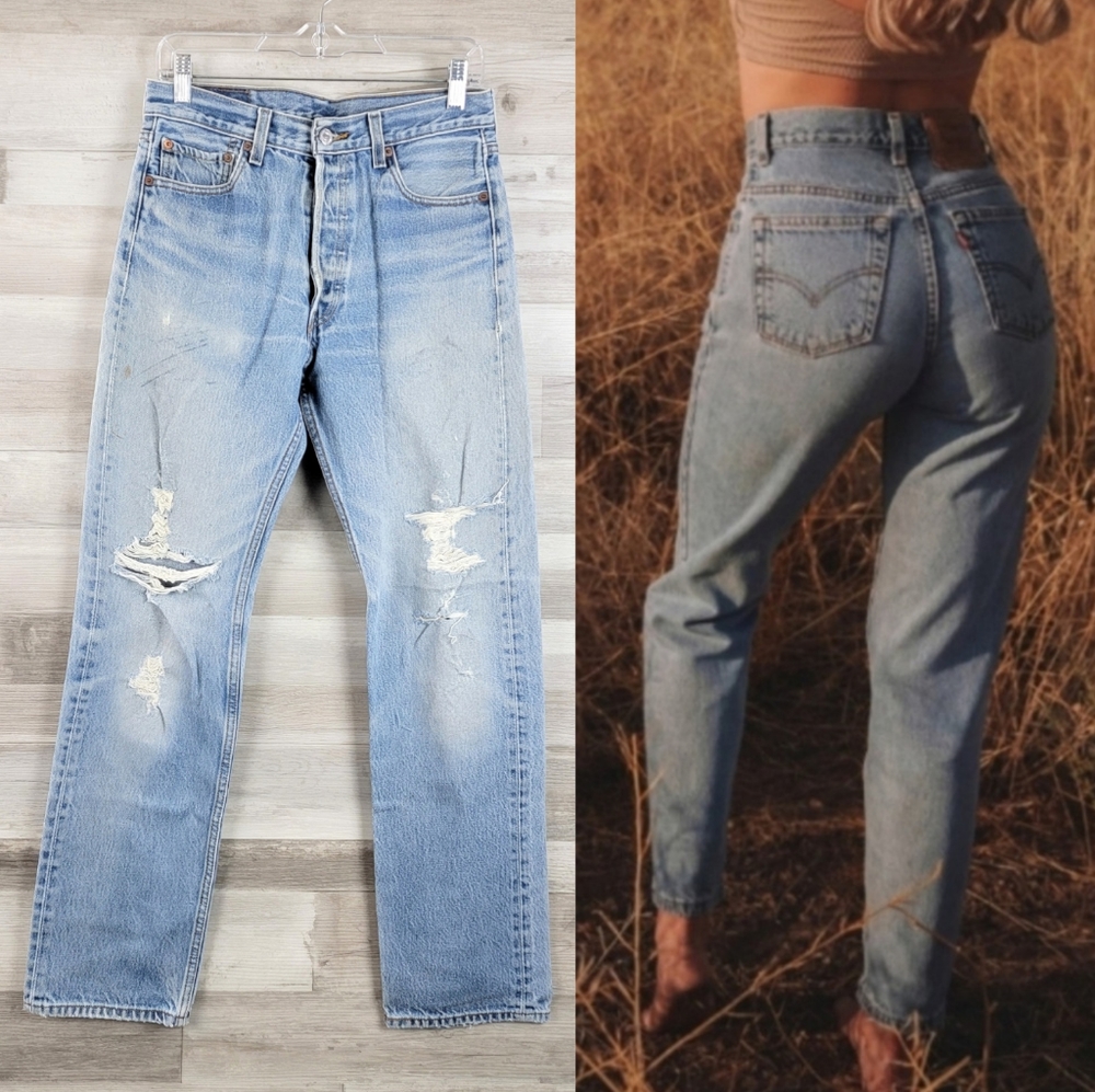 08 Levi's 501 Distressed High-Waist Straight Leg Jeans Size 29×32